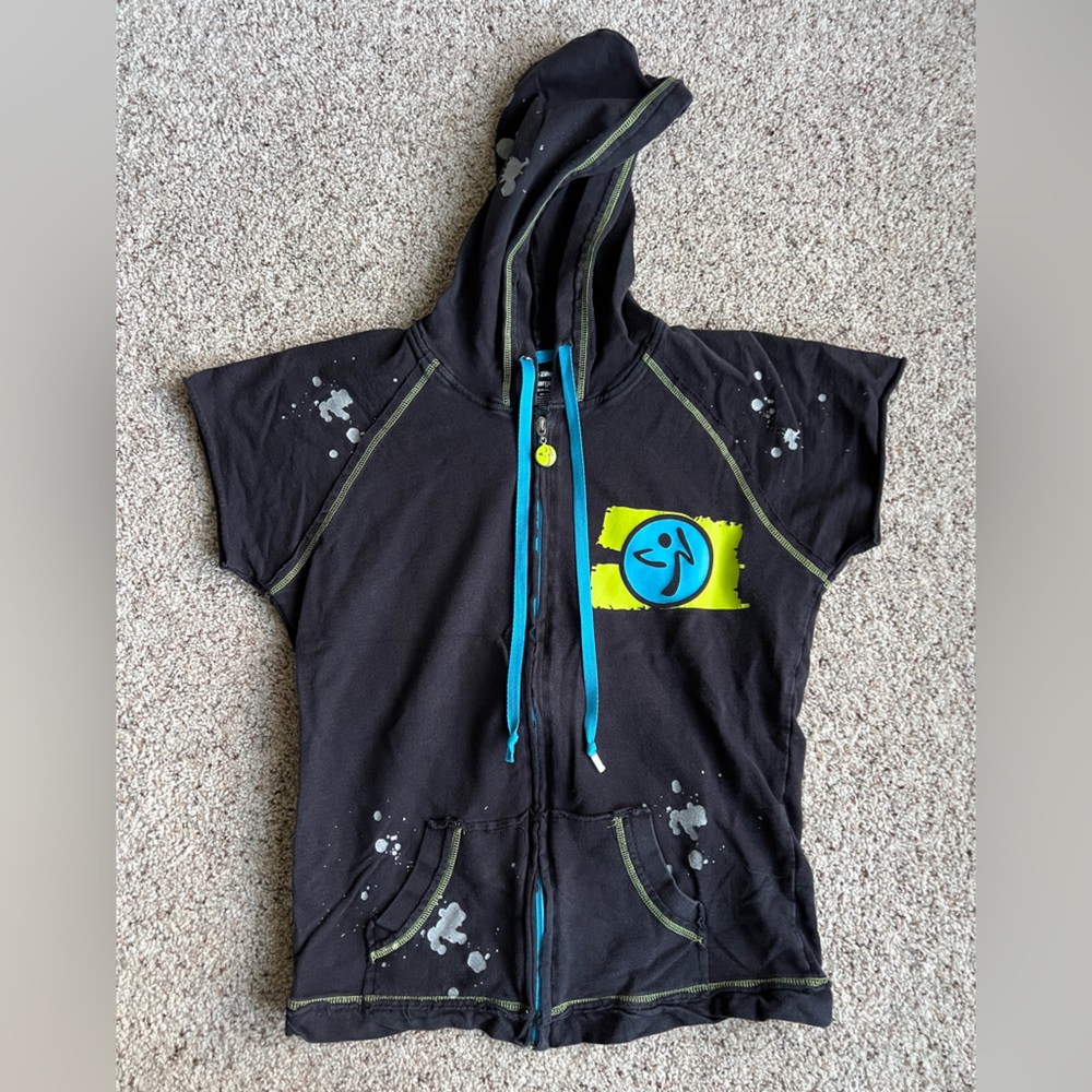 Zumba Fitness Black One-Piece Hoodie with Blue Trim and Yellow Graphic